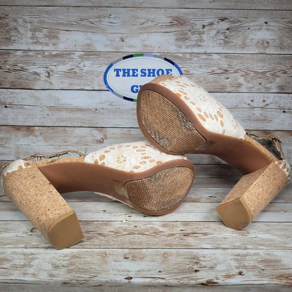 Jessica Simpson Women Size 9B Brown/ White Ankle Strap High Block Heels Shoes - Picture 10 of 13